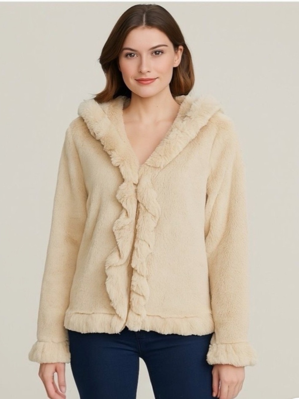 Damselle New York Faux Fur Ruffle-Trim Hooded Jacket — Ivory
